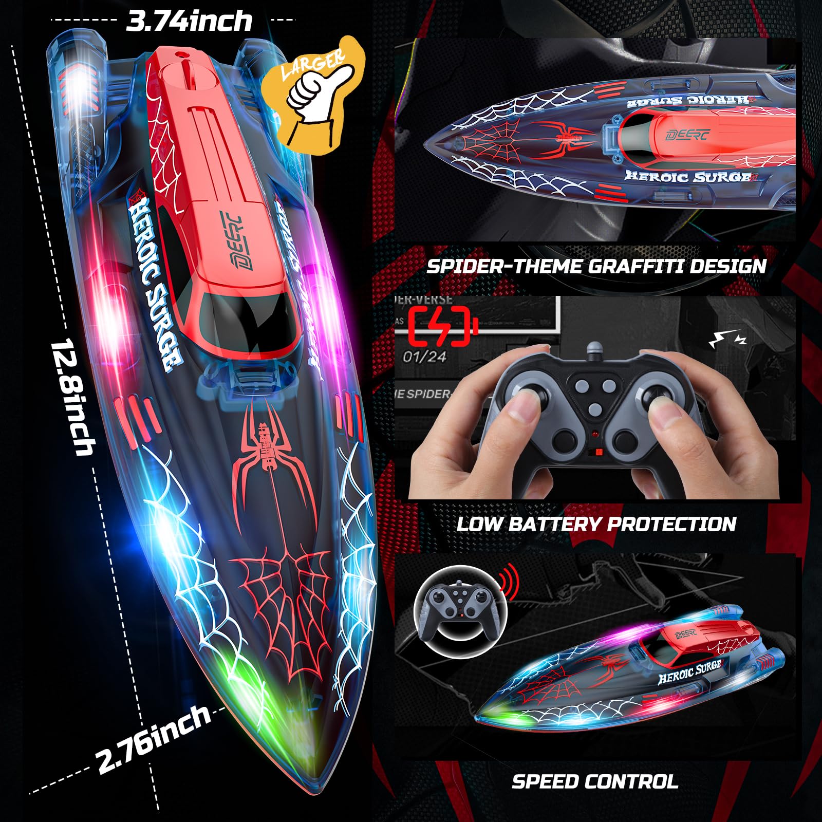 DEERC spider RC boat night-lit action showcases vivid LED effects for pool or lake play
