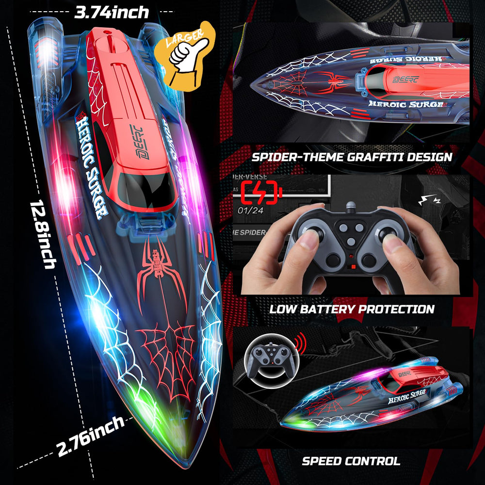 DEERC spider RC boat night-lit action showcases vivid LED effects for pool or lake play