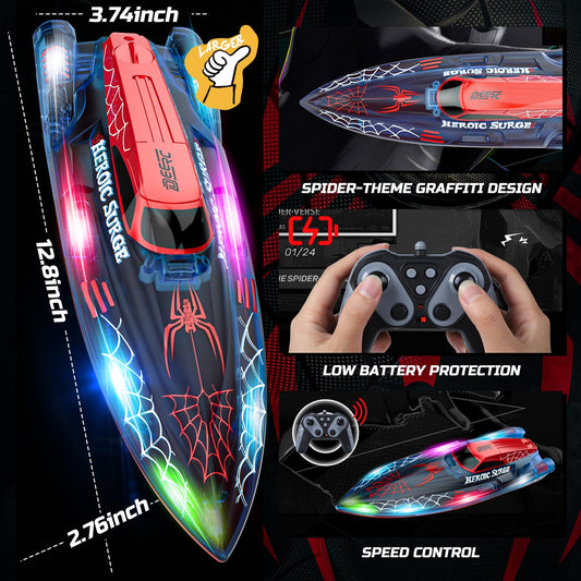 DEERC spider RC boat night-lit action showcases vivid LED effects for pool or lake play
