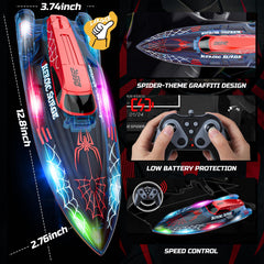 DEERC spider RC boat night-lit action showcases vivid LED effects for pool or lake play