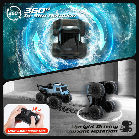 DEERC waterproof 4WD RC car conquering sand, rocks, and water surfaces.