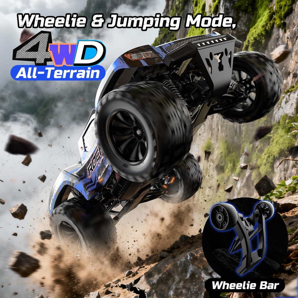 DEERC wheelie bar-equipped setup supports stunt driving during fast starts.