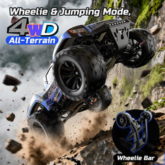 DEERC wheelie bar-equipped setup supports stunt driving during fast starts.