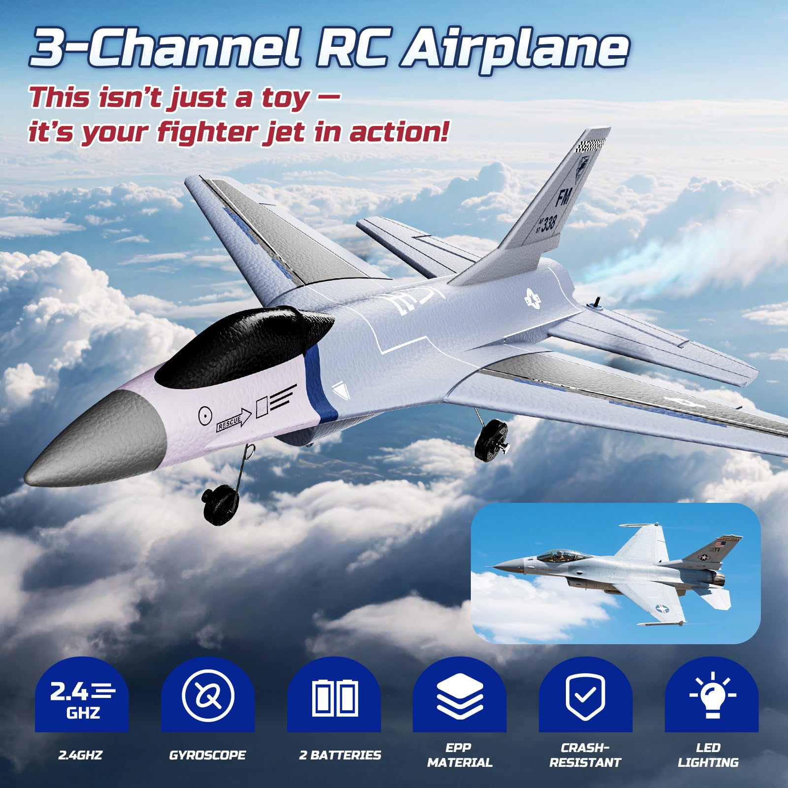DEERC F16 RC plane beginner setup image showing quick, tool-free assembly