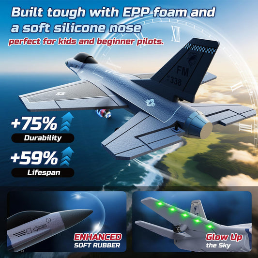 DEERC Fighting Falcon RC plane in action with the remote shows stable flight