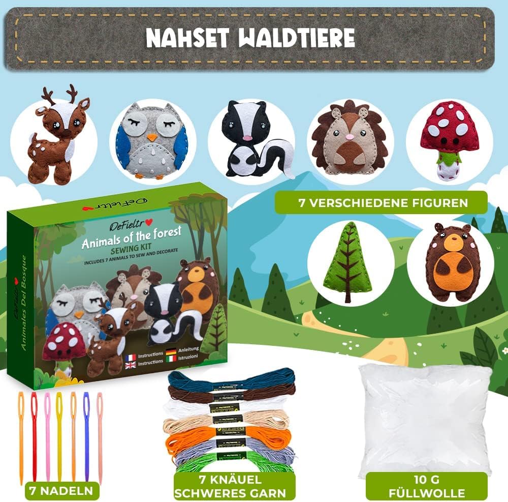 DeFieltro beginner sewing kit packaging highlights simple family projects