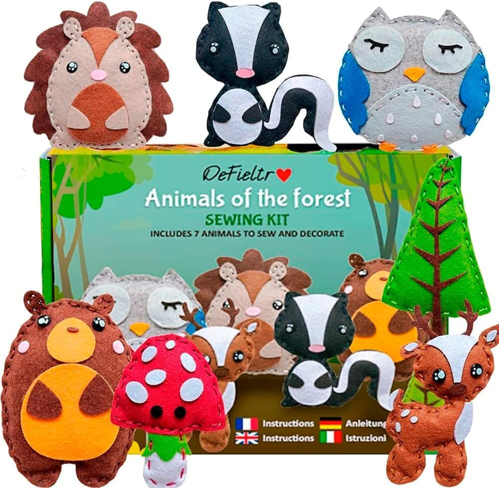 DeFieltro forest animals sewing kit cover shows beginner-friendly setup for at-home crafting