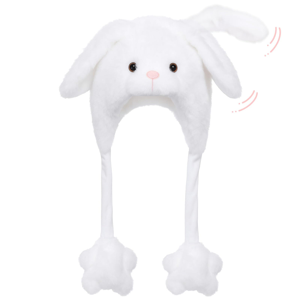Deletoys bunny plush hat with moving ears, great for playful photos and cosplay.