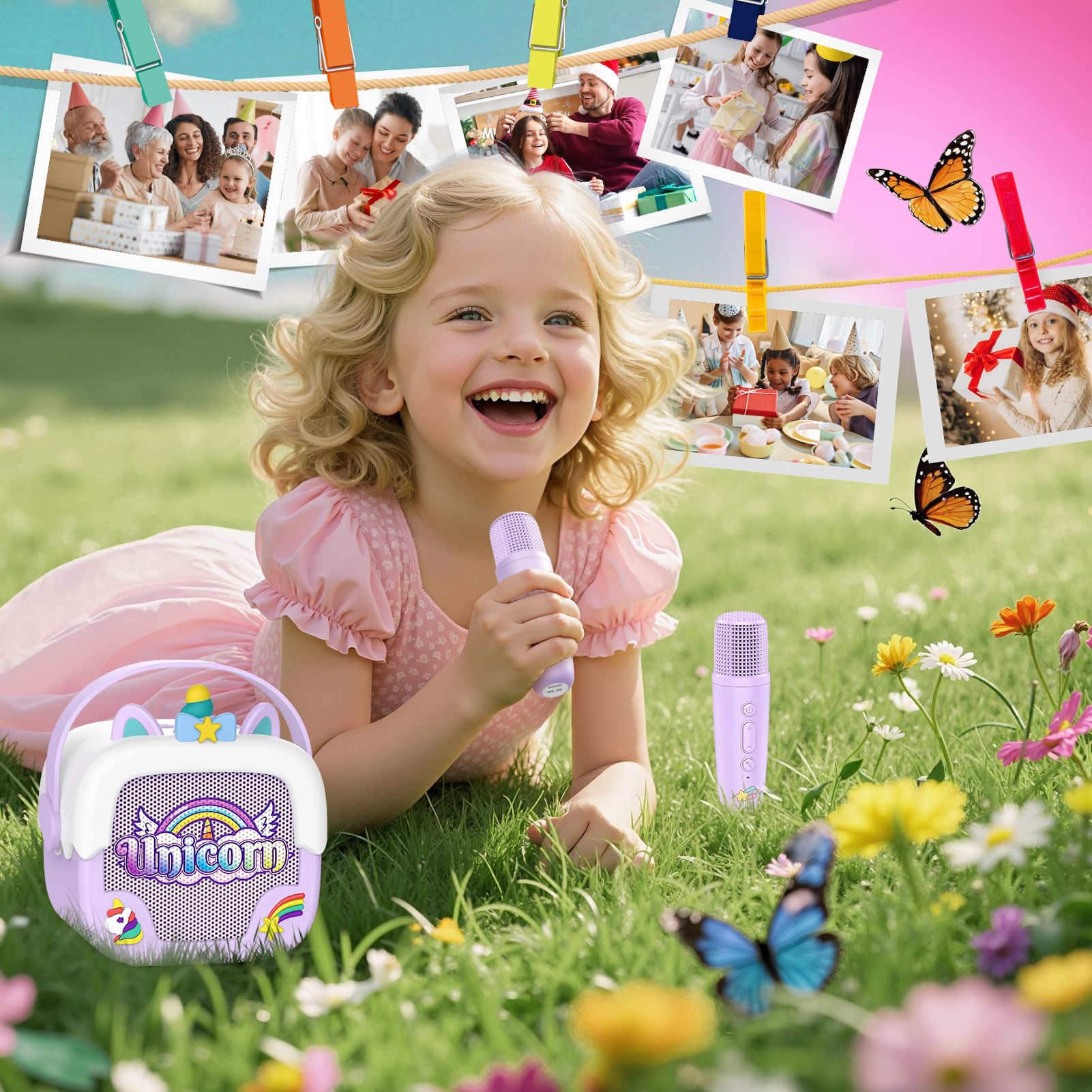 Delighkidz unicorn karaoke machine battery indicator for up to six hours of use
