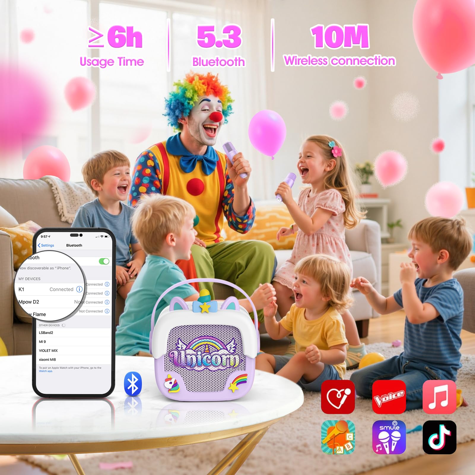 Delighkidz unicorn karaoke machine side view with silicone case ideal for drop friendly play