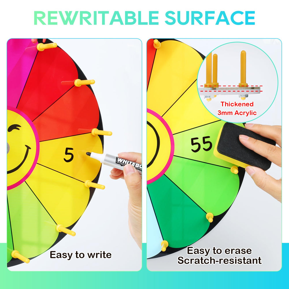 Delizon prize wheel with dry-erase surface for reusable prompts and prizes.
