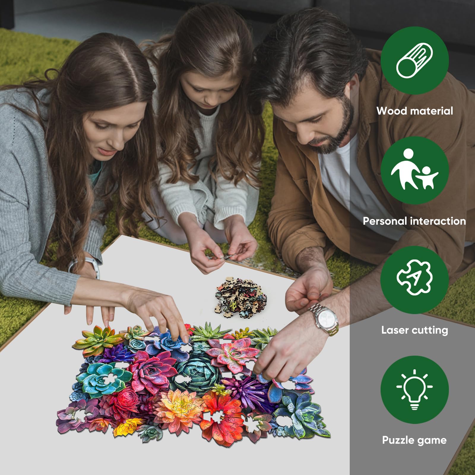 Delobil succulent puzzle assembly with kids and adults encourages calm focus.