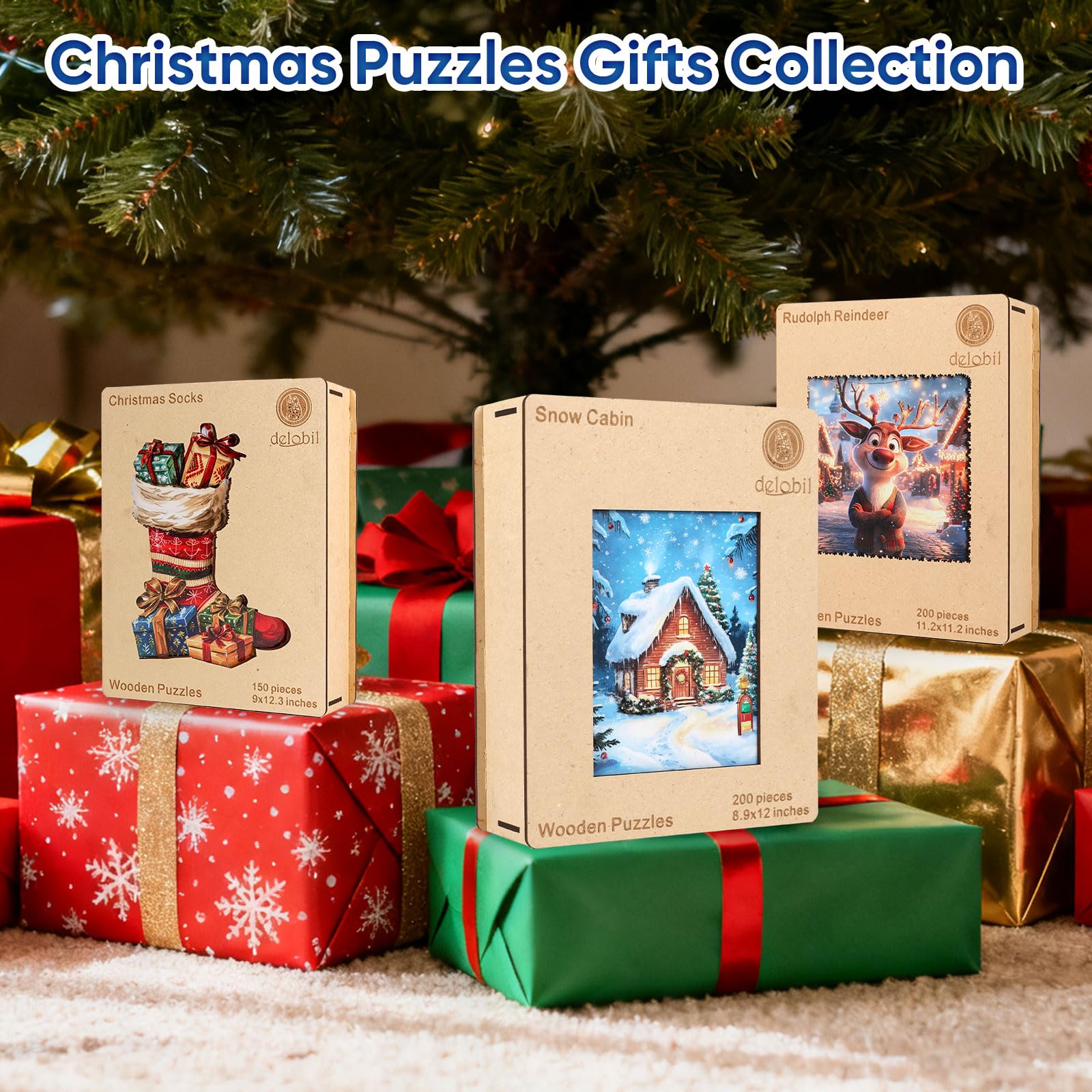 Delobil reindeer jigsaw kit with box, bag, and keychain.