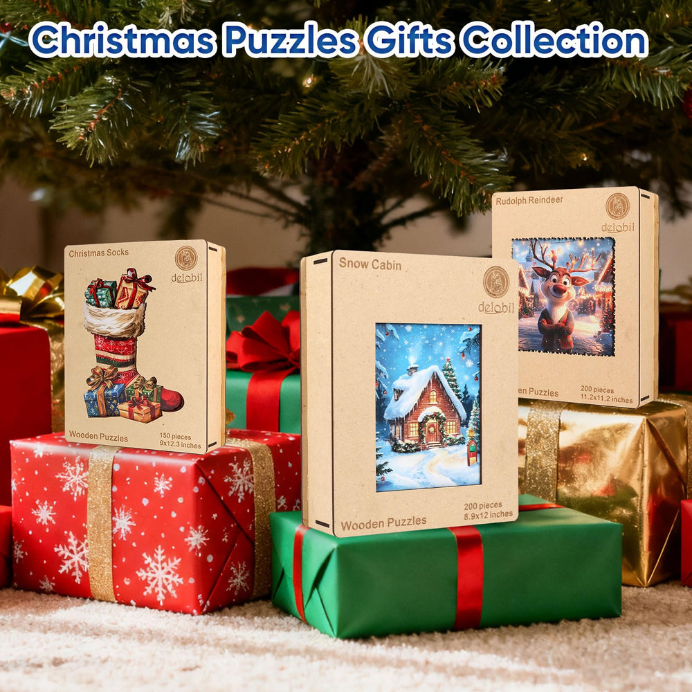 Delobil reindeer jigsaw kit with box, bag, and keychain.