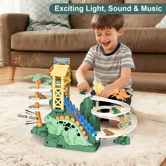 DELUTIQUE dinosaur race track green side view showcases sturdy construction for energetic play