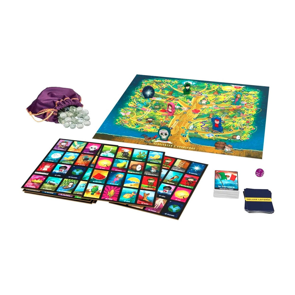 Deluxe Loteria Snakes & Ladders cards and wooden tokens for lively play