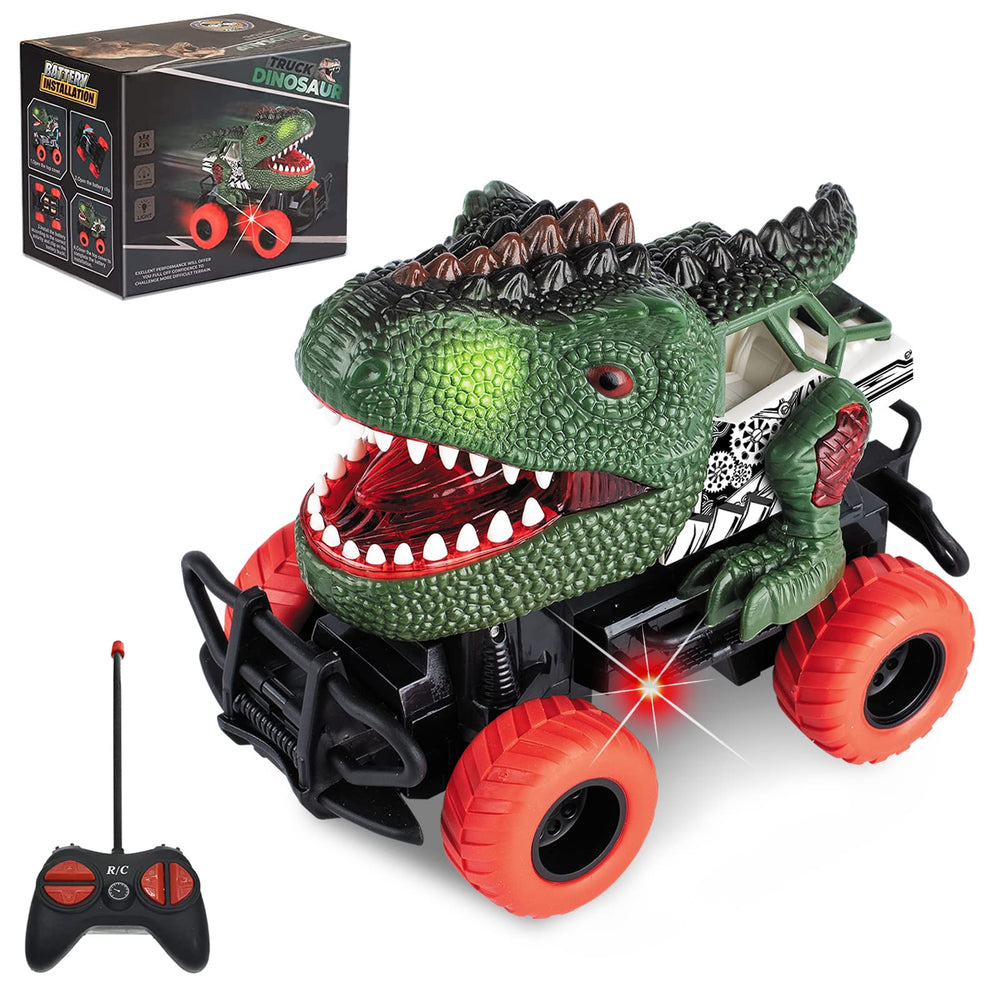 Delycazy dinosaur RC car front view with LED lights for engaging play