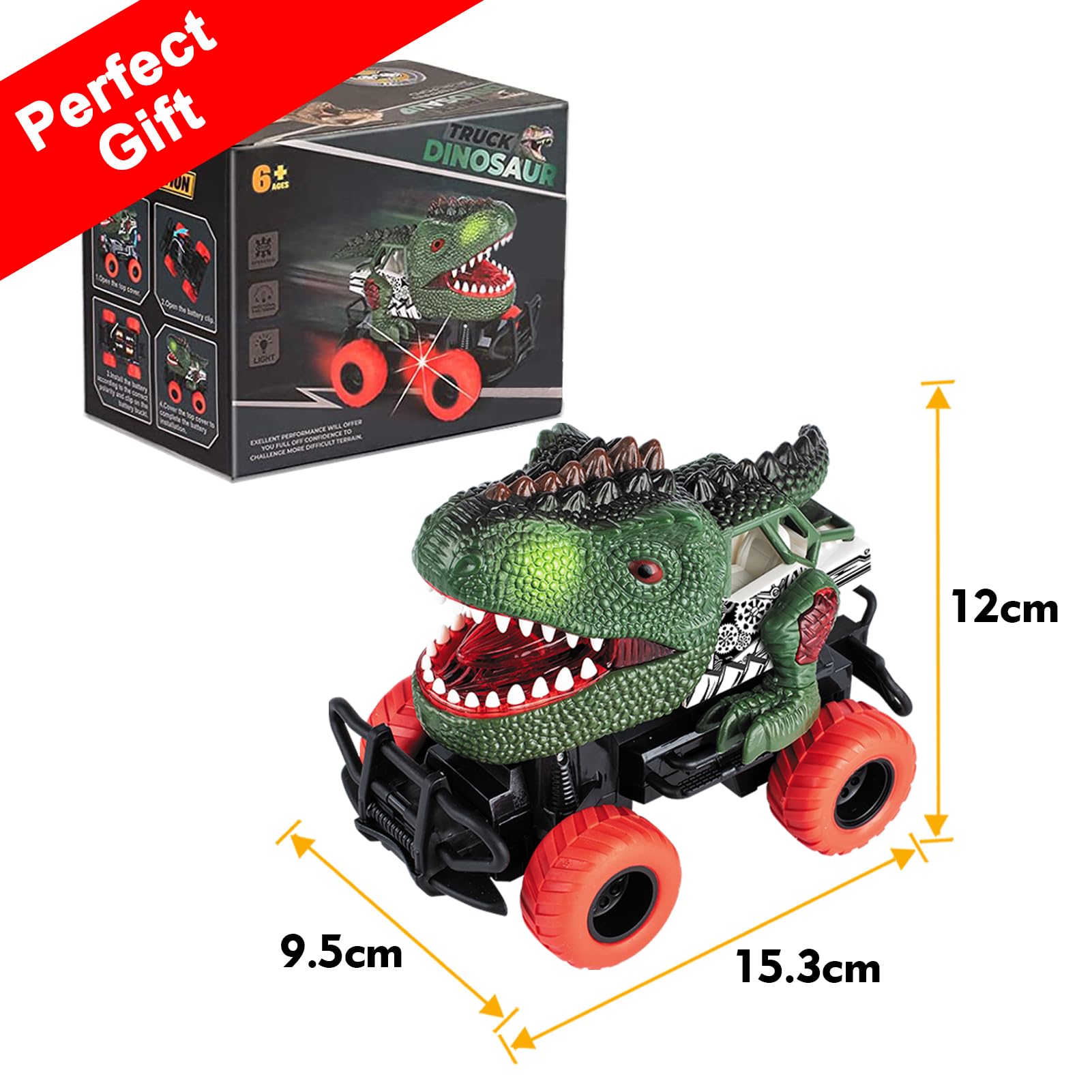Delycazy dinosaur RC car with LED lights and four-channel drive for precise control