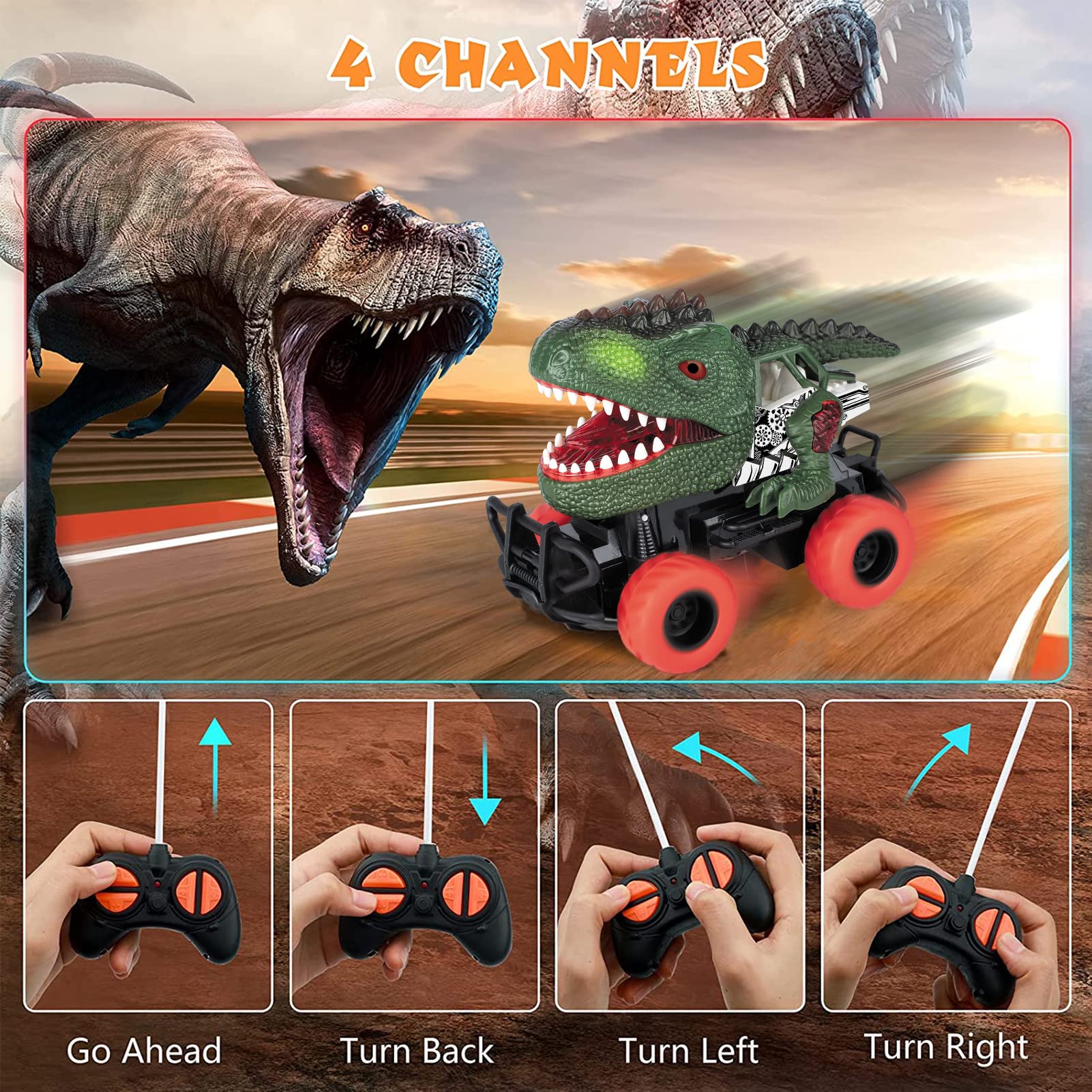 Delycazy dinosaur RC car rear view with bumper and lights for dramatic effects