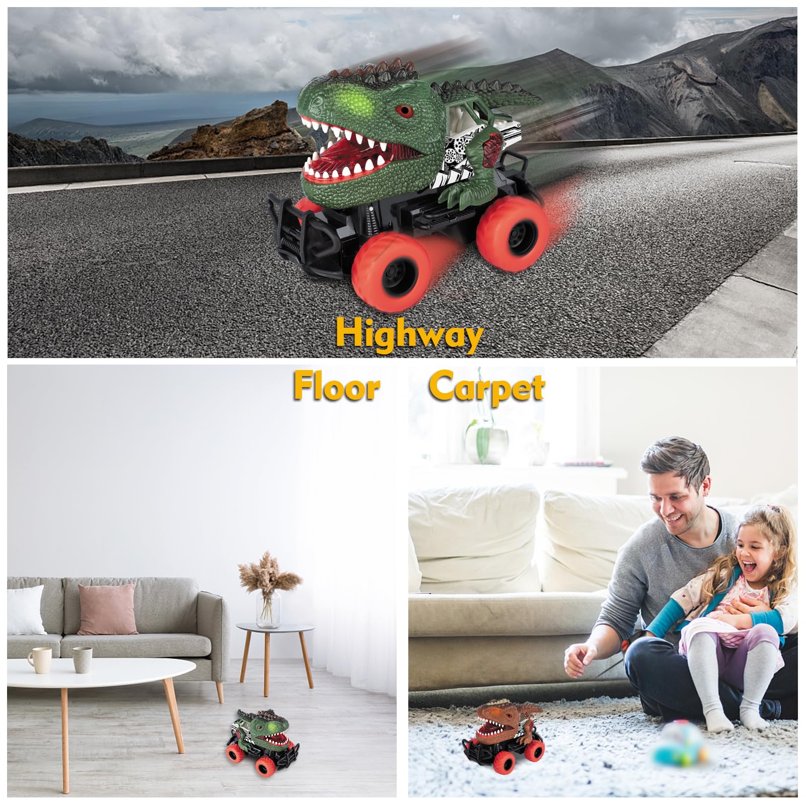 Delycazy dinosaur RC car side view showing durable bumper for safe rolling