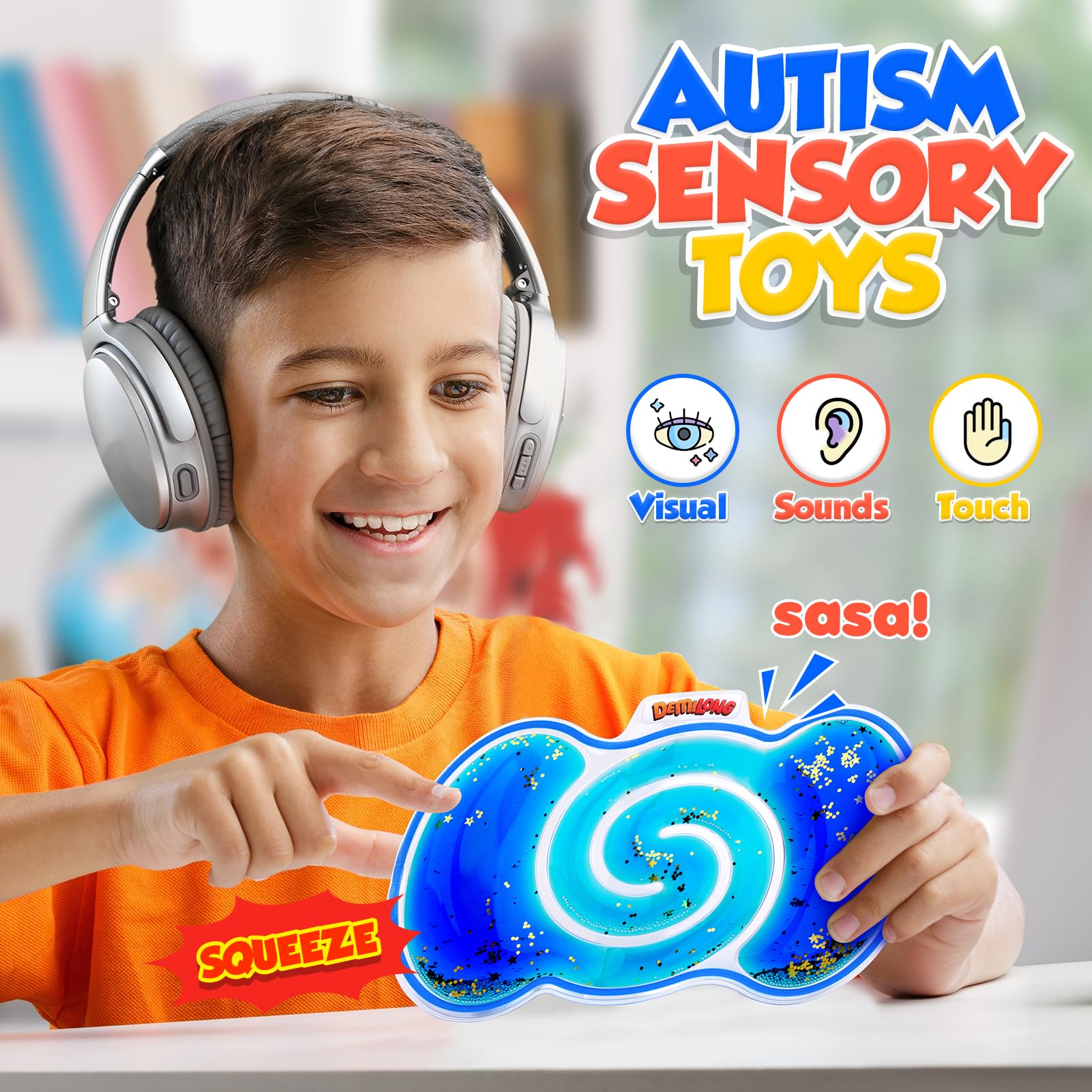 Demilong soft-squeeze toy held in hand illustrating easy, quiet sensory feedback.
