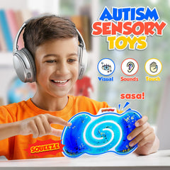 Demilong soft-squeeze toy held in hand illustrating easy, quiet sensory feedback.