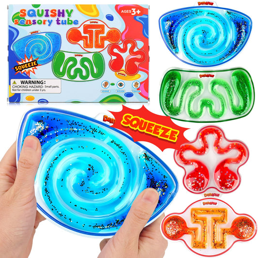 Demilong squishy sensory toy 4-pack with flowing liquid and beads for calm focus.