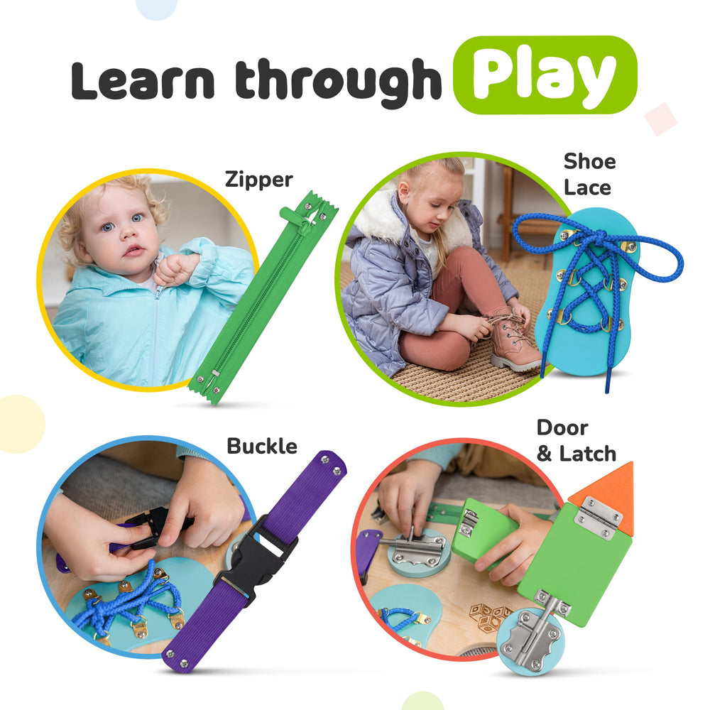 deMoca Sensory Busy Board durable wood construction offers long-lasting toddler play