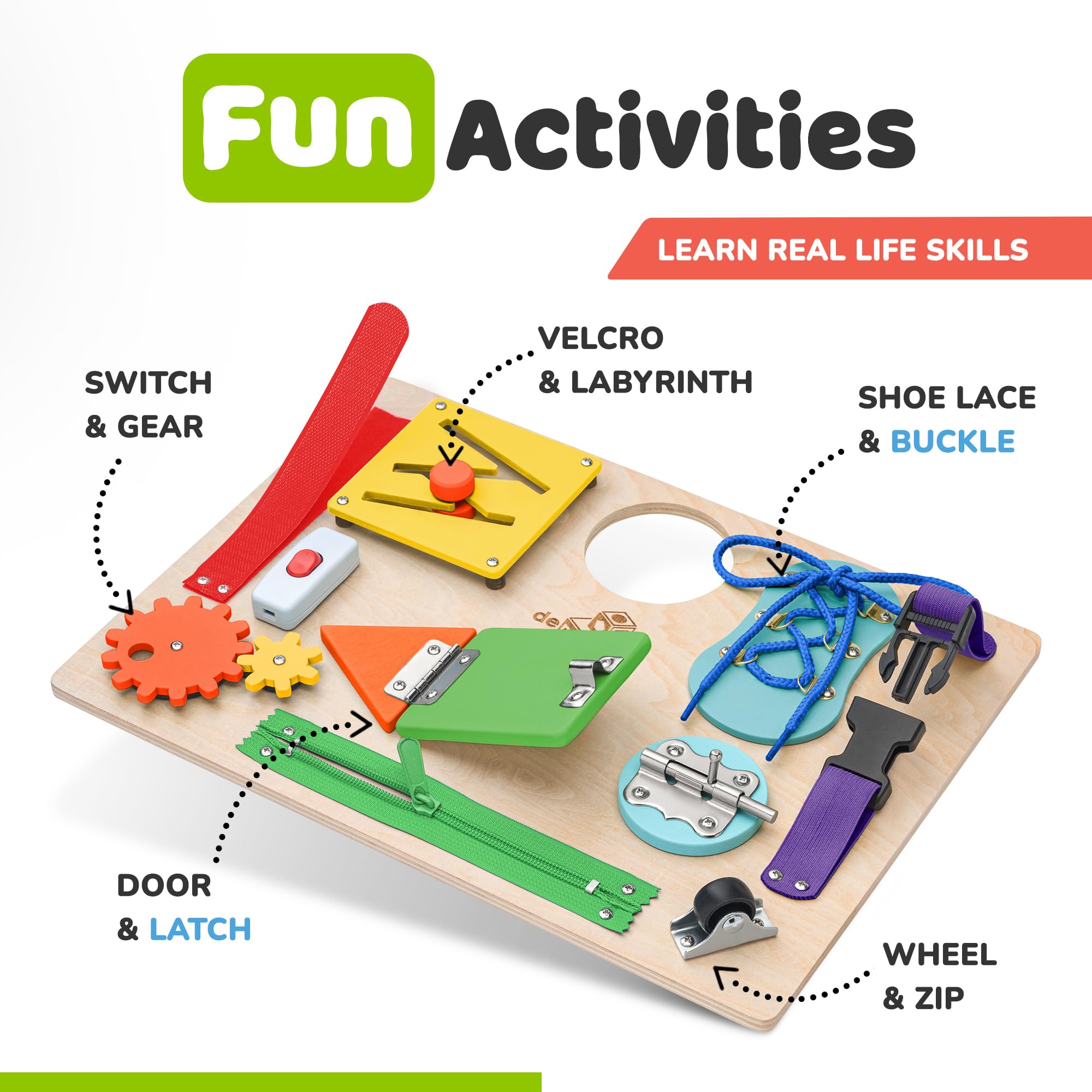 deMoca Sensory Busy Board gears feature encourages problem solving and exploration