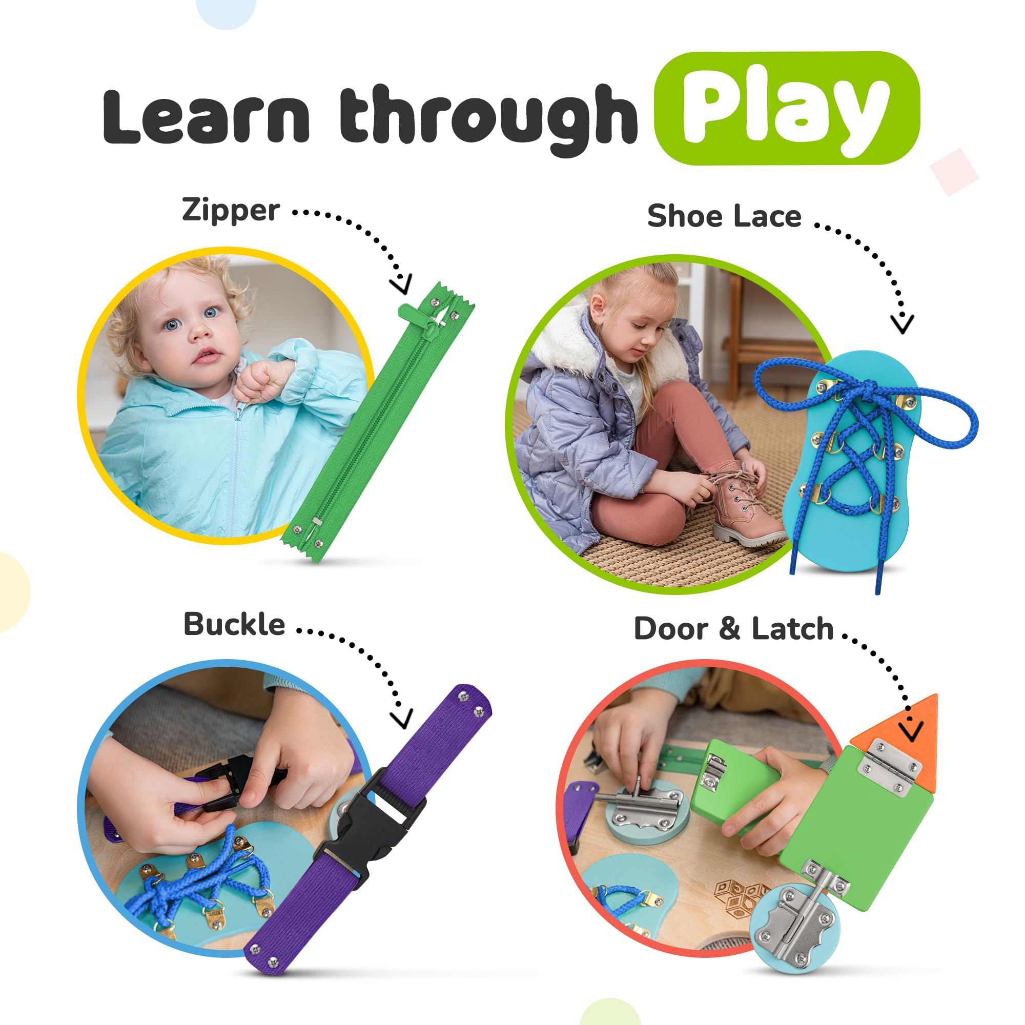 deMoca Sensory Busy Board latch and buckle activity promotes hand-eye coordination