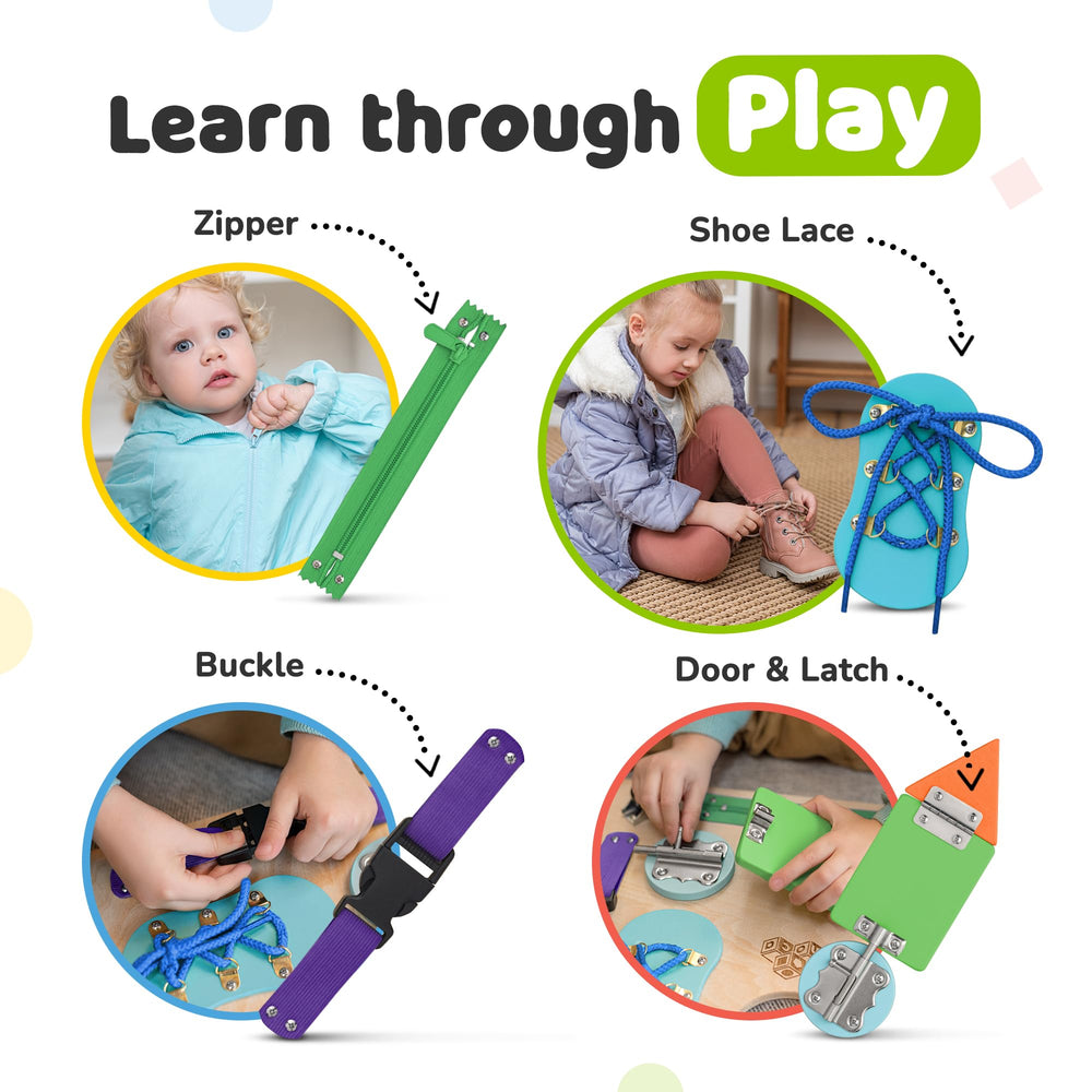 deMoca Sensory Busy Board latch and buckle activity promotes hand-eye coordination
