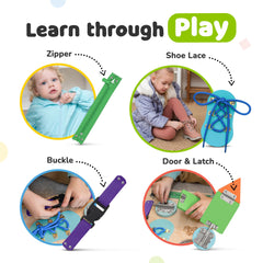 deMoca Sensory Busy Board latch and buckle activity promotes hand-eye coordination