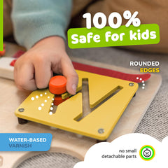 deMoca Sensory Busy Board shoelace activity supports tying practice