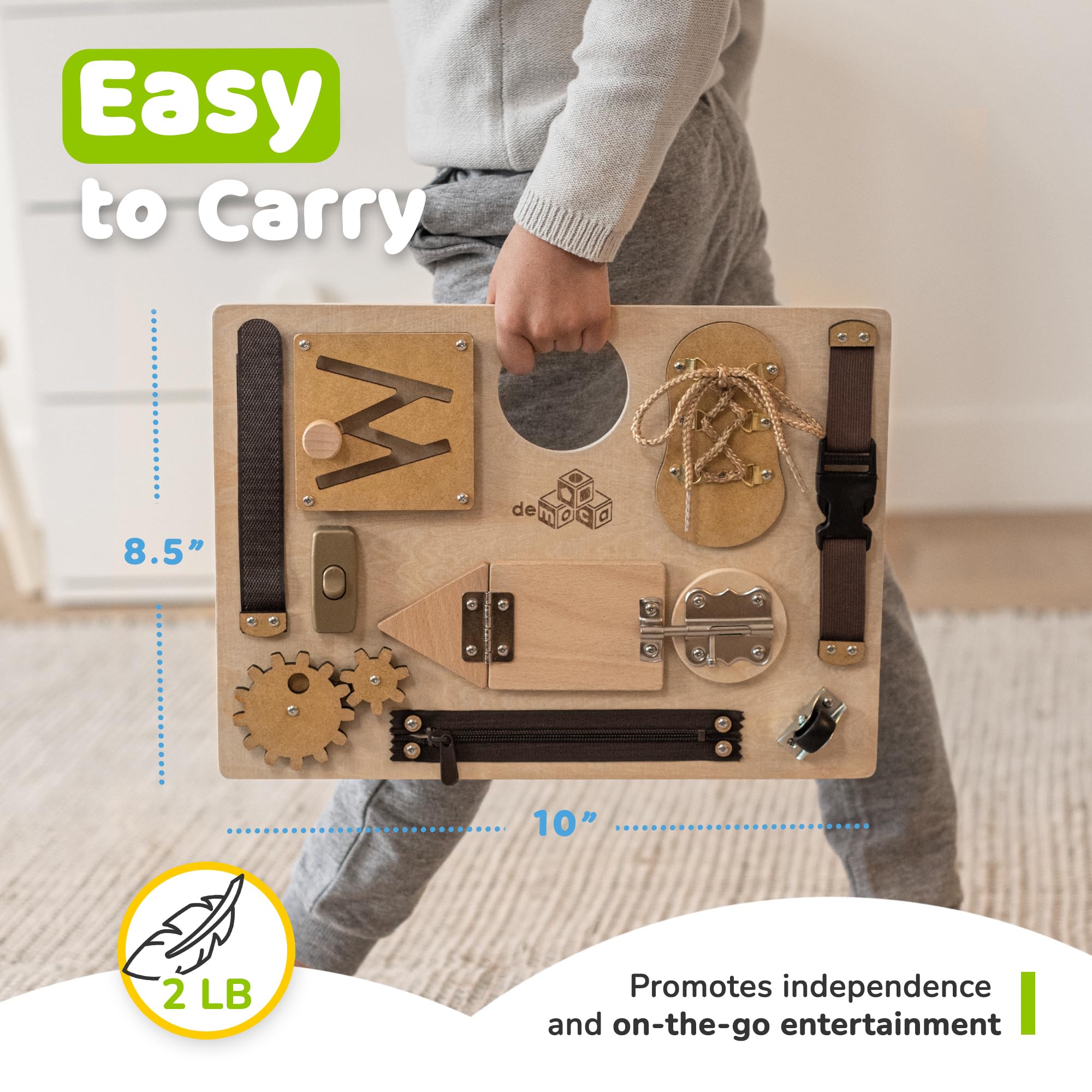 deMoca shoelace tie activity builds practical dressing skills for toddlers.