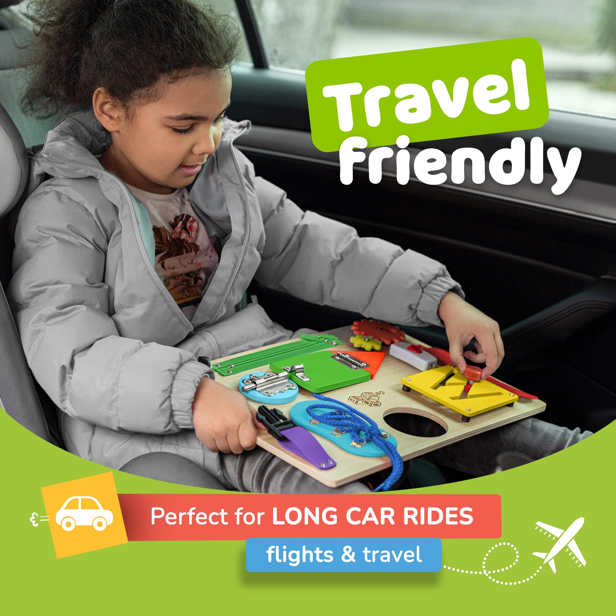 deMoca Sensory Busy Board travel-friendly design fits plane and car trips