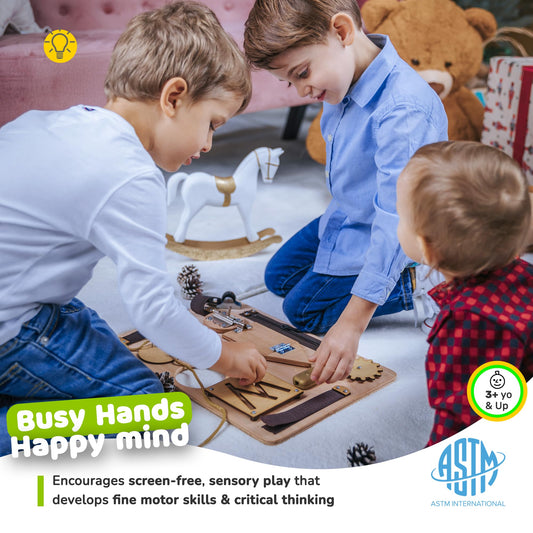 deMoca sensory busy board velcro feature supports tactile exploration and coordination.