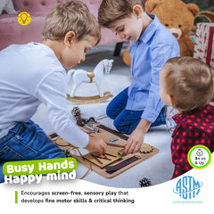 deMoca sensory busy board velcro feature supports tactile exploration and coordination.
