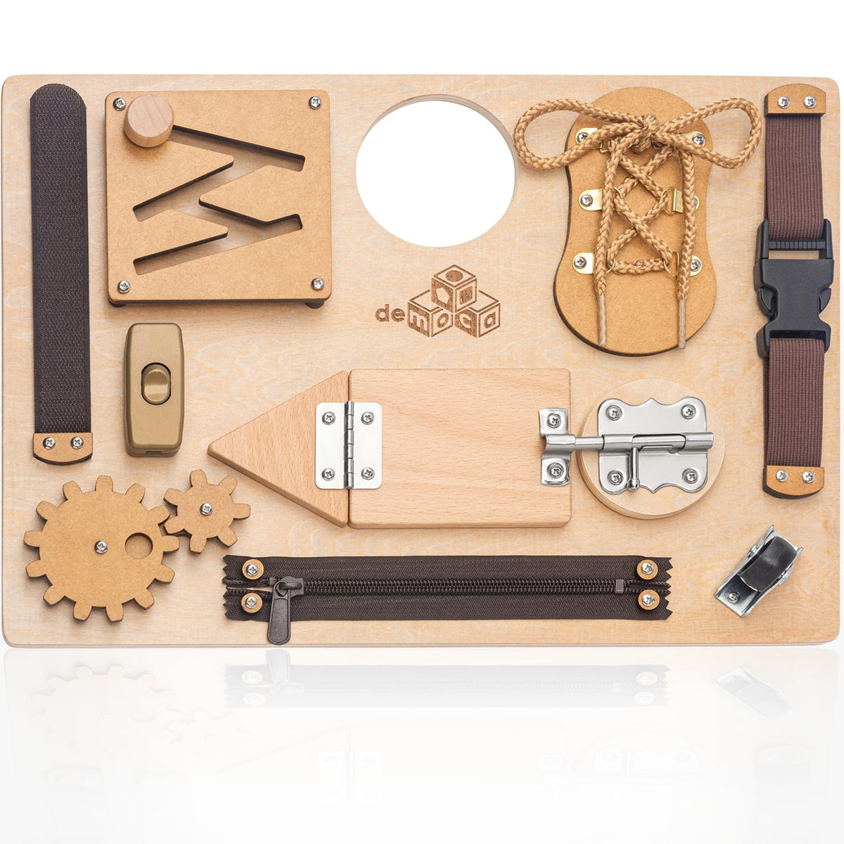 deMoca sensory busy board zippered action enhances fine motor skills during play.
