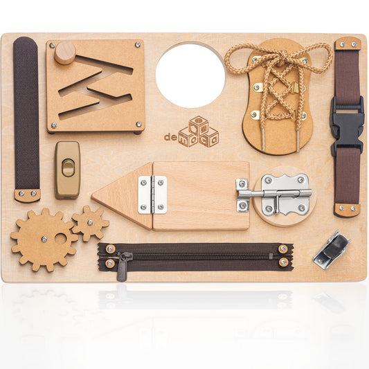 deMoca sensory busy board zippered action enhances fine motor skills during play.