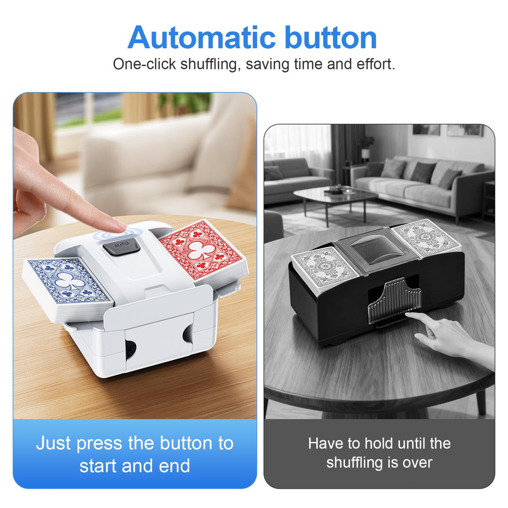 Demolike automatic card shuffler completes a two-deck shuffle quickly