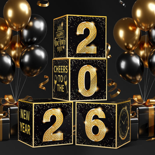 Denylo Pro 2026 black-gold balloon box as a New Year centerpiece.