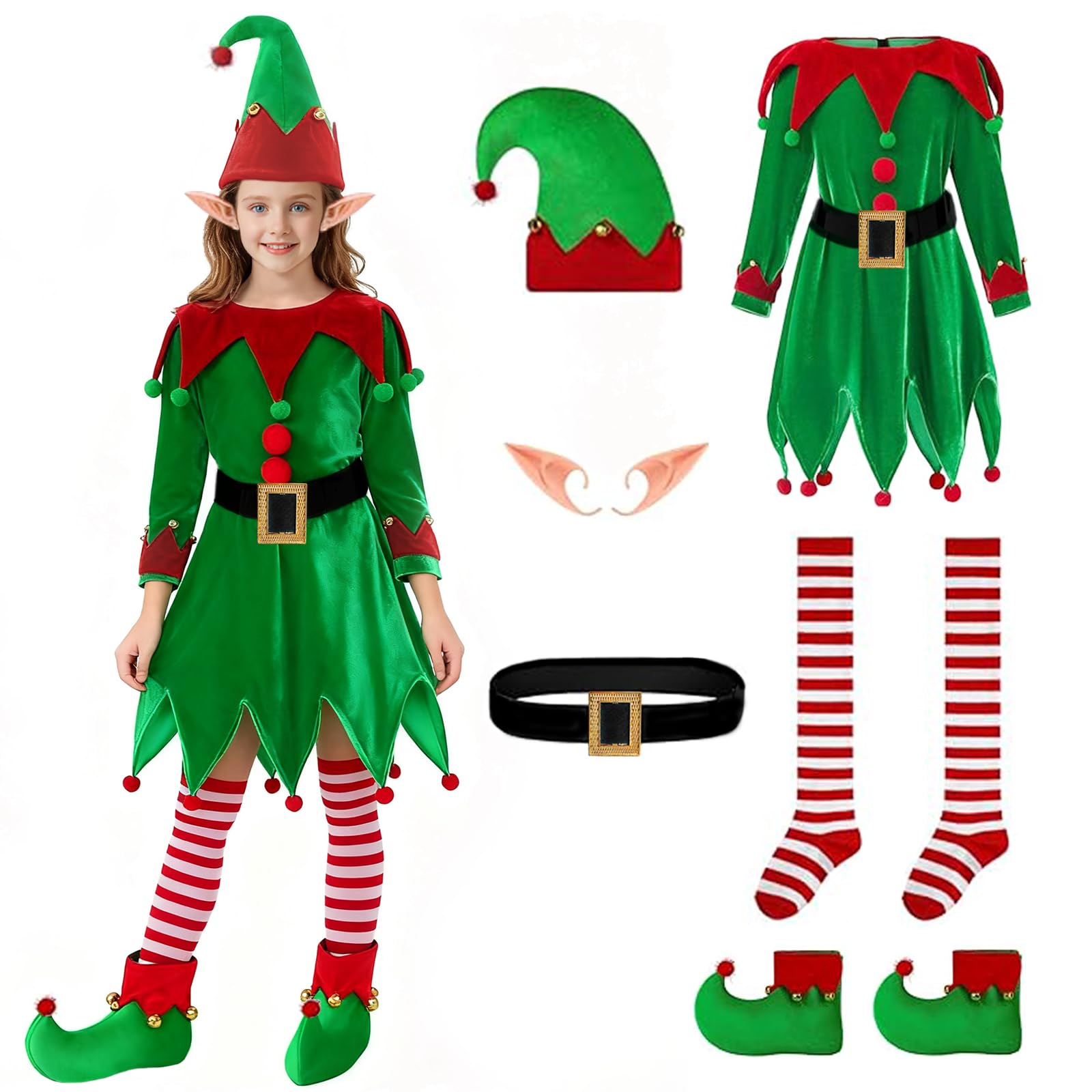 DERJLY elf dress velvet with bells, soft and cozy for festive wear.
