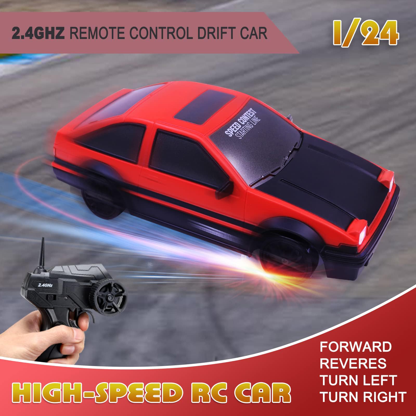 Desdoni RC drift car side view showing four wheels for stability