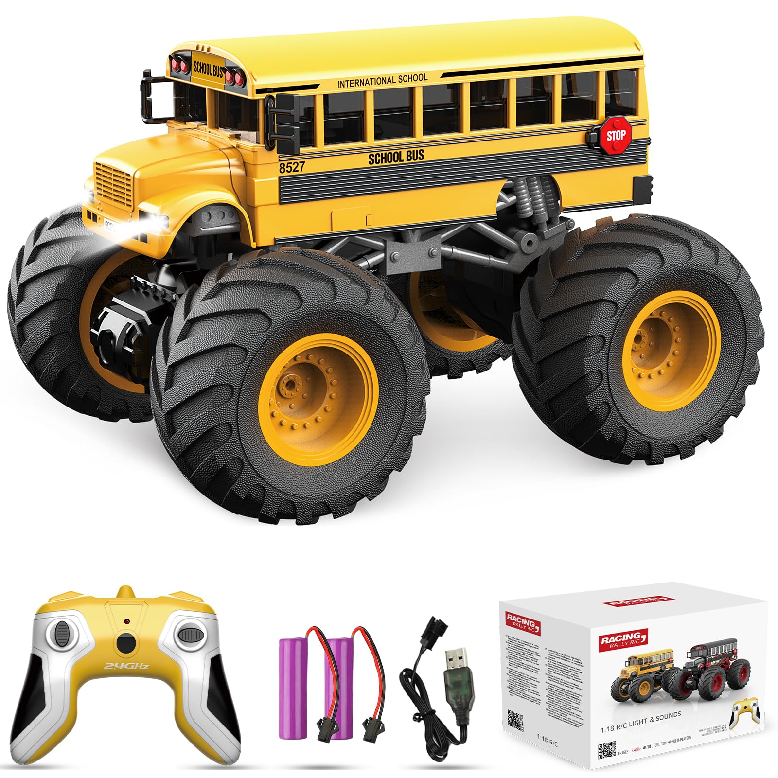 Desdoni RC school bus front lights illuminated for night play