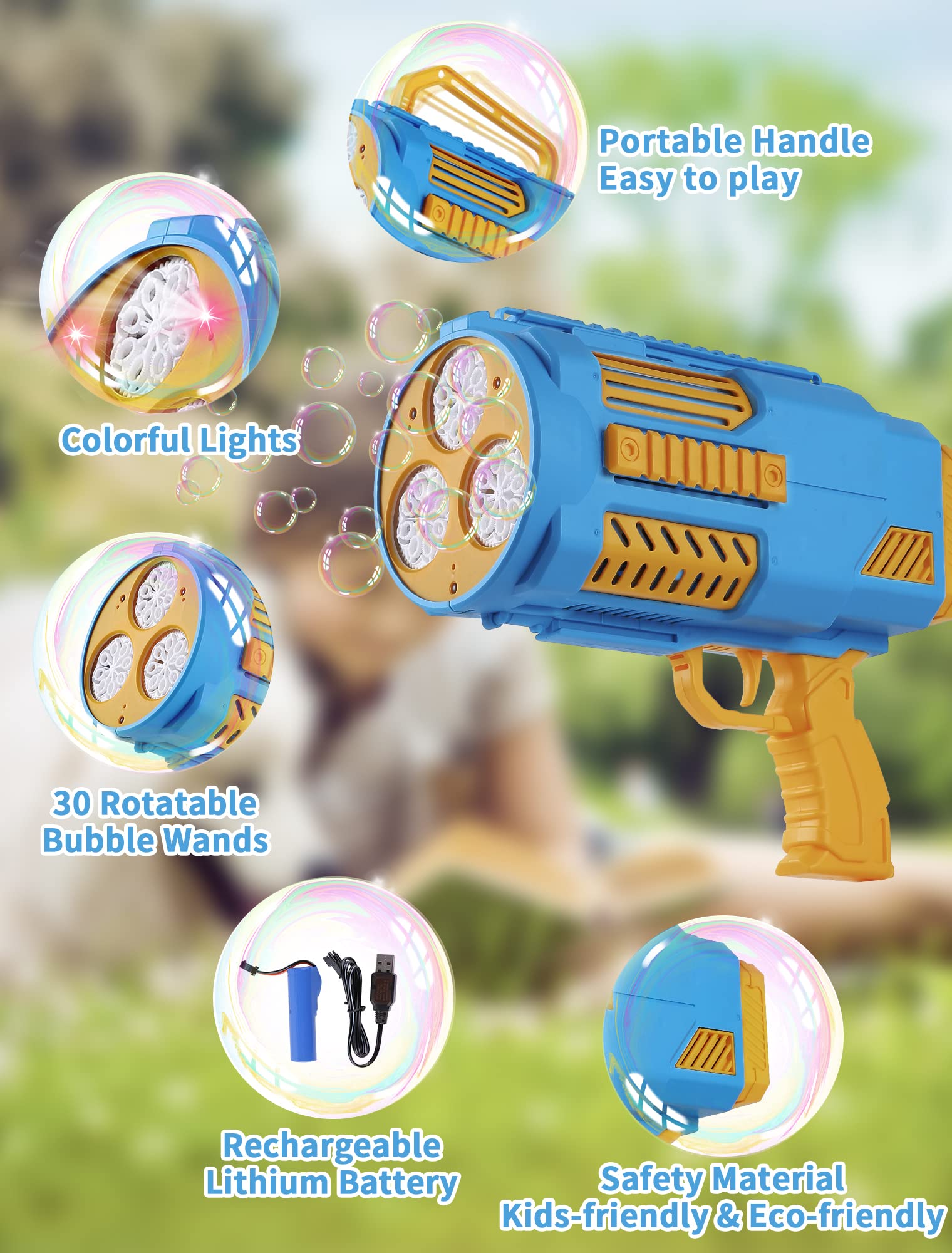 Deserthome bubble gun with LED lights creates glowing bubbles at dusk.