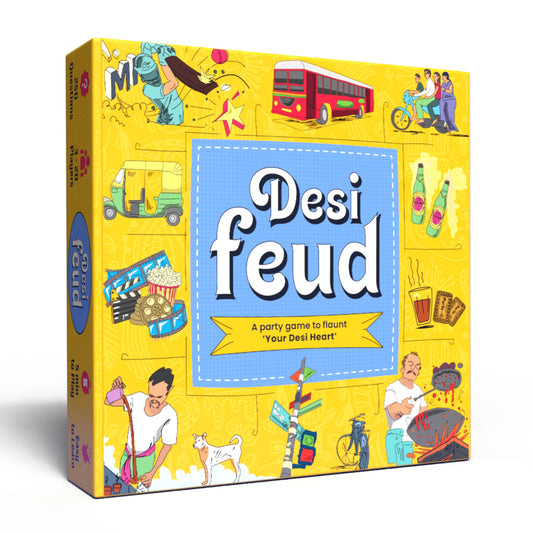 Desi Feud box view showing portable party setup for quick game nights