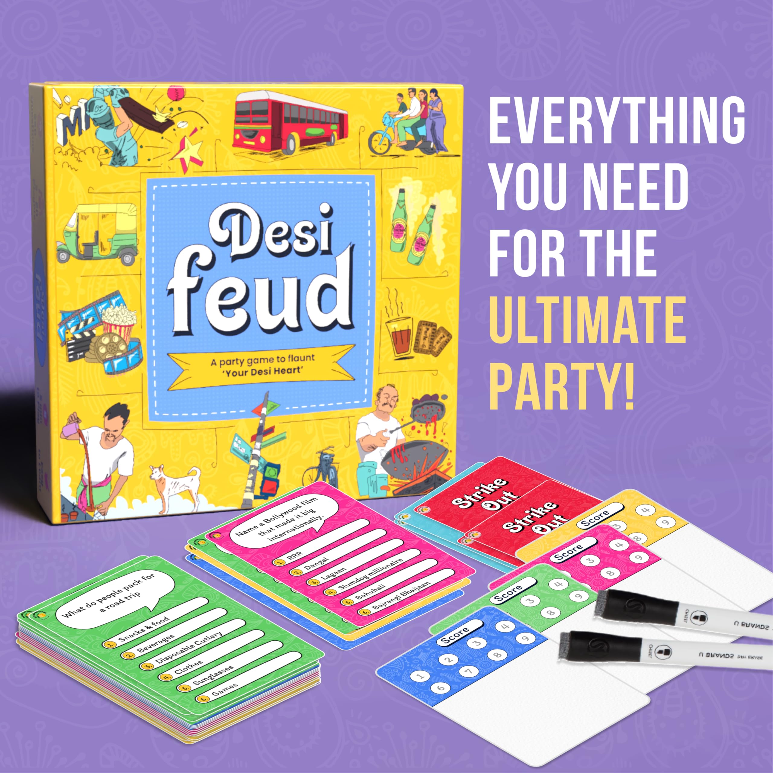 Desi Feud question cards with diverse prompts for lively conversations