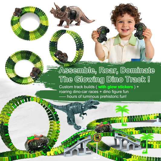 Desuccus dinosaur cars glow, adding night time excitement to play.