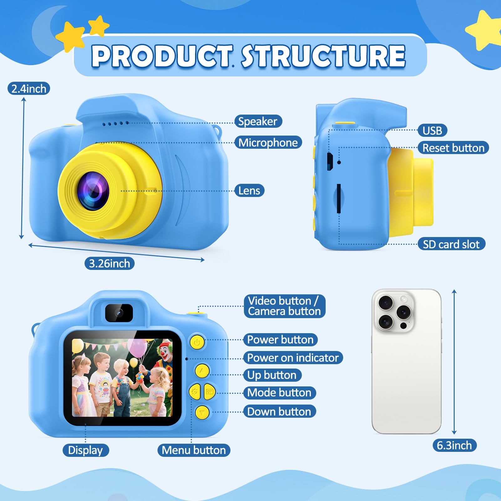 Desuccus Kids Camera blue back view showing compact, kid-friendly design