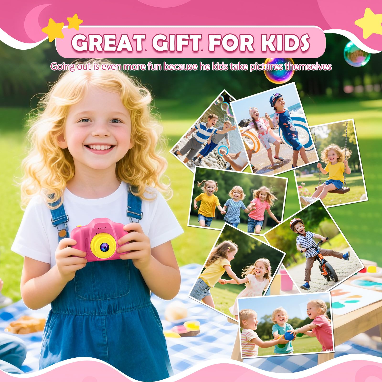 Desuccus kids camera pink side view showing compact design